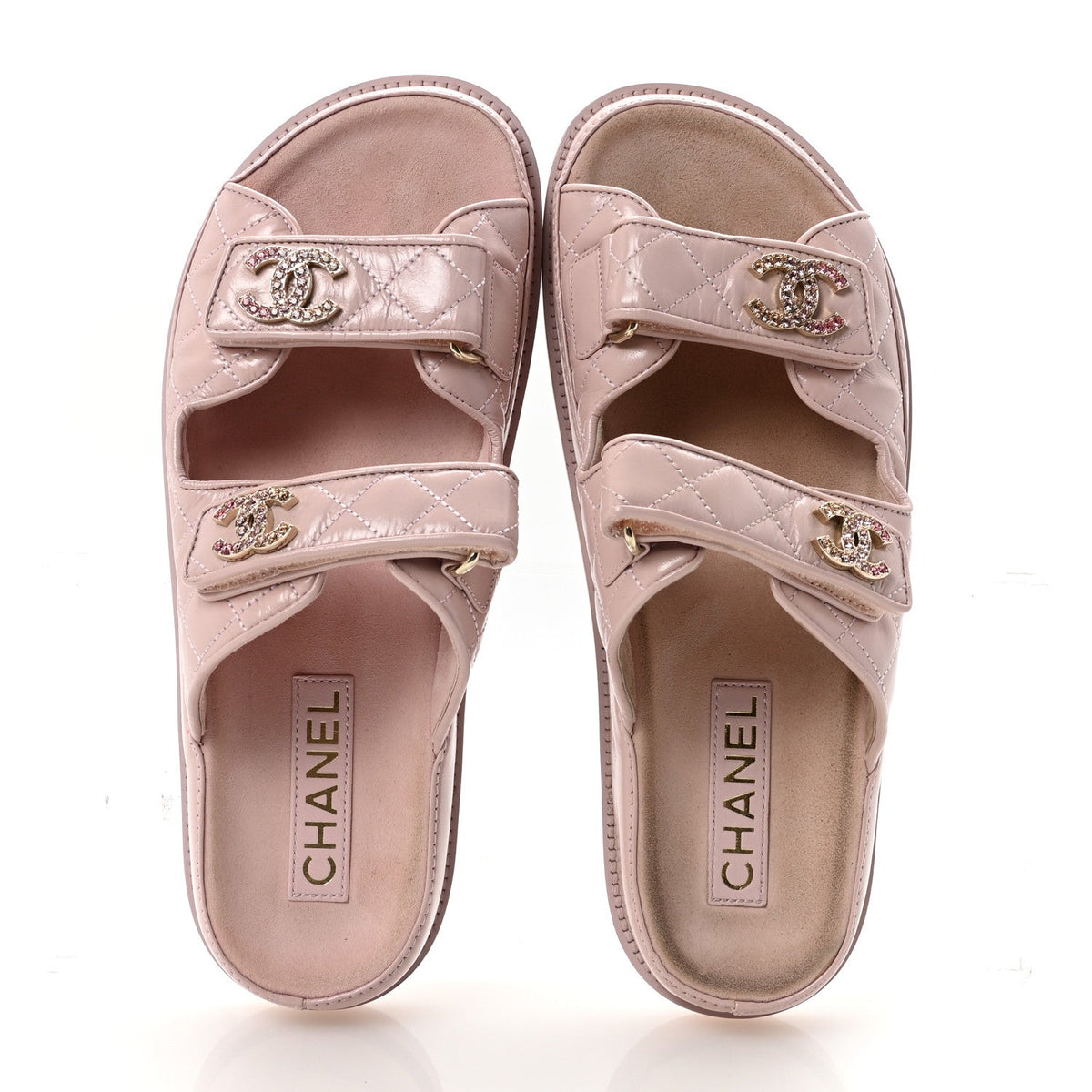 Shiny Calfskin Crystal Quilted Velcro Dad CC Slide Sandals 39 Light Pink