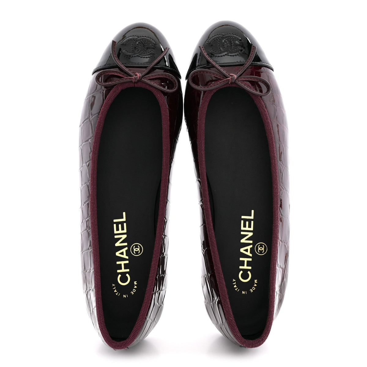 Patent Calfskin Crocodile Embossed Cap Toe CC Ballerina Flats 37.5 Dark Burgundy Black