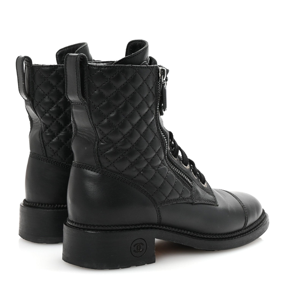 Calfskin Quilted Lace Up Combat Boots 37.5 Black