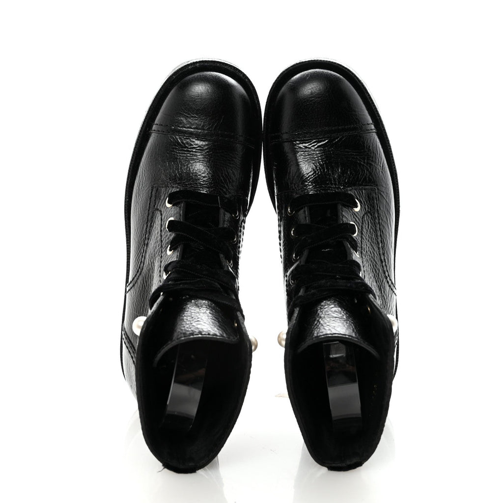 Shiny Calfskin Velvet Pearl Combat Short Boots 38.5 Black
