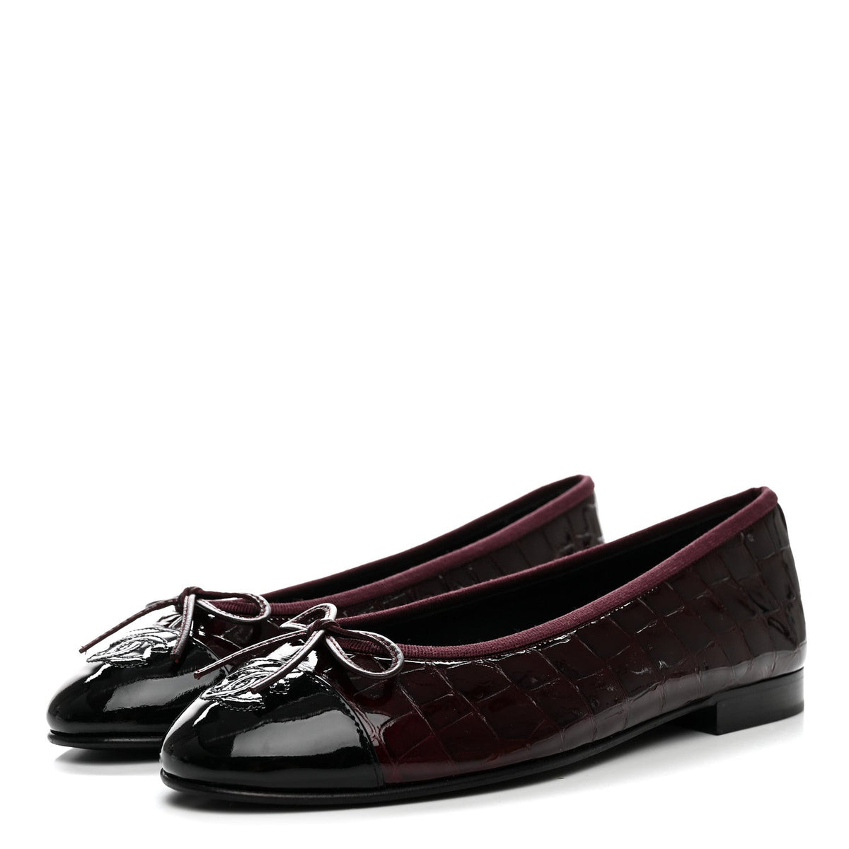 Patent Calfskin Crocodile Embossed Ballerina Flats 37.5 Dark Burgundy Black