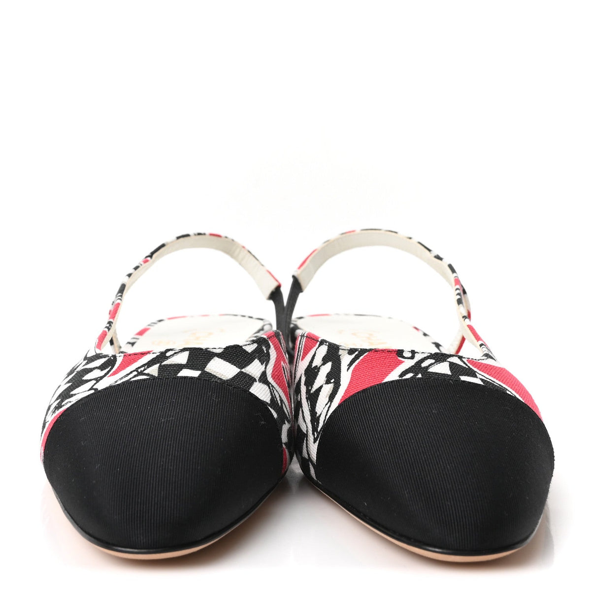 Printed Fabric Grosgrain Cap Toe CC Slingback Flats 38 Red Black White