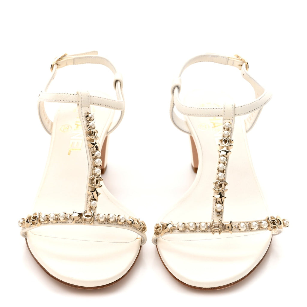 Lambskin Pearl CC Star Sandals 36.5 White