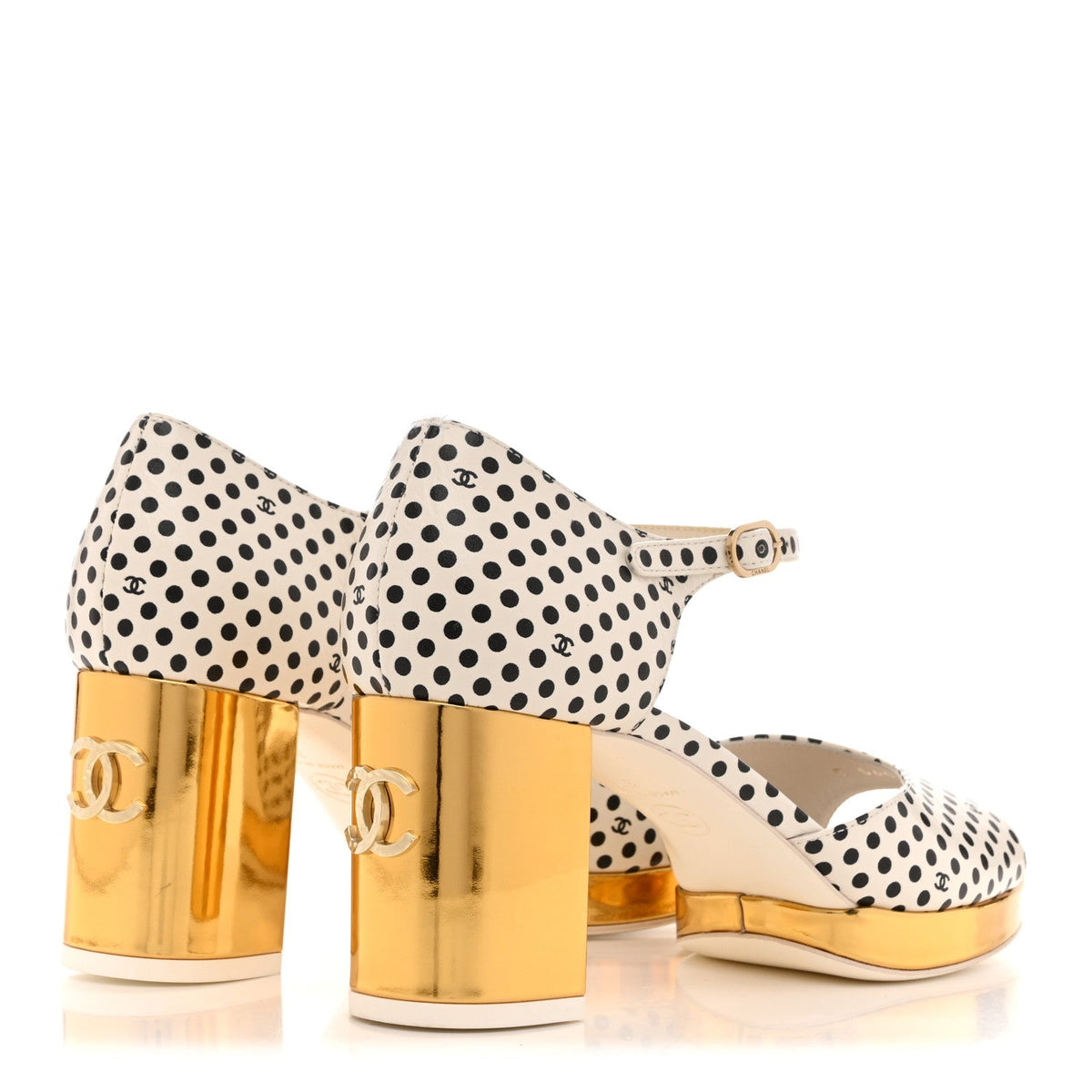 Printed Calfskin Polka Dot CC Platform Sandals 36.5 Ivory Black 37 Ivory Black
