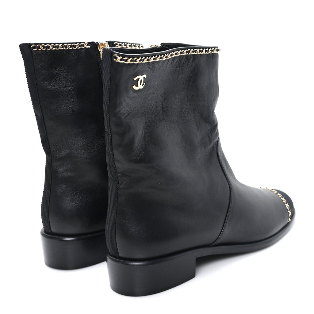 Lambskin Grosgrain Cap Toe Chain Short Boots 38 Black