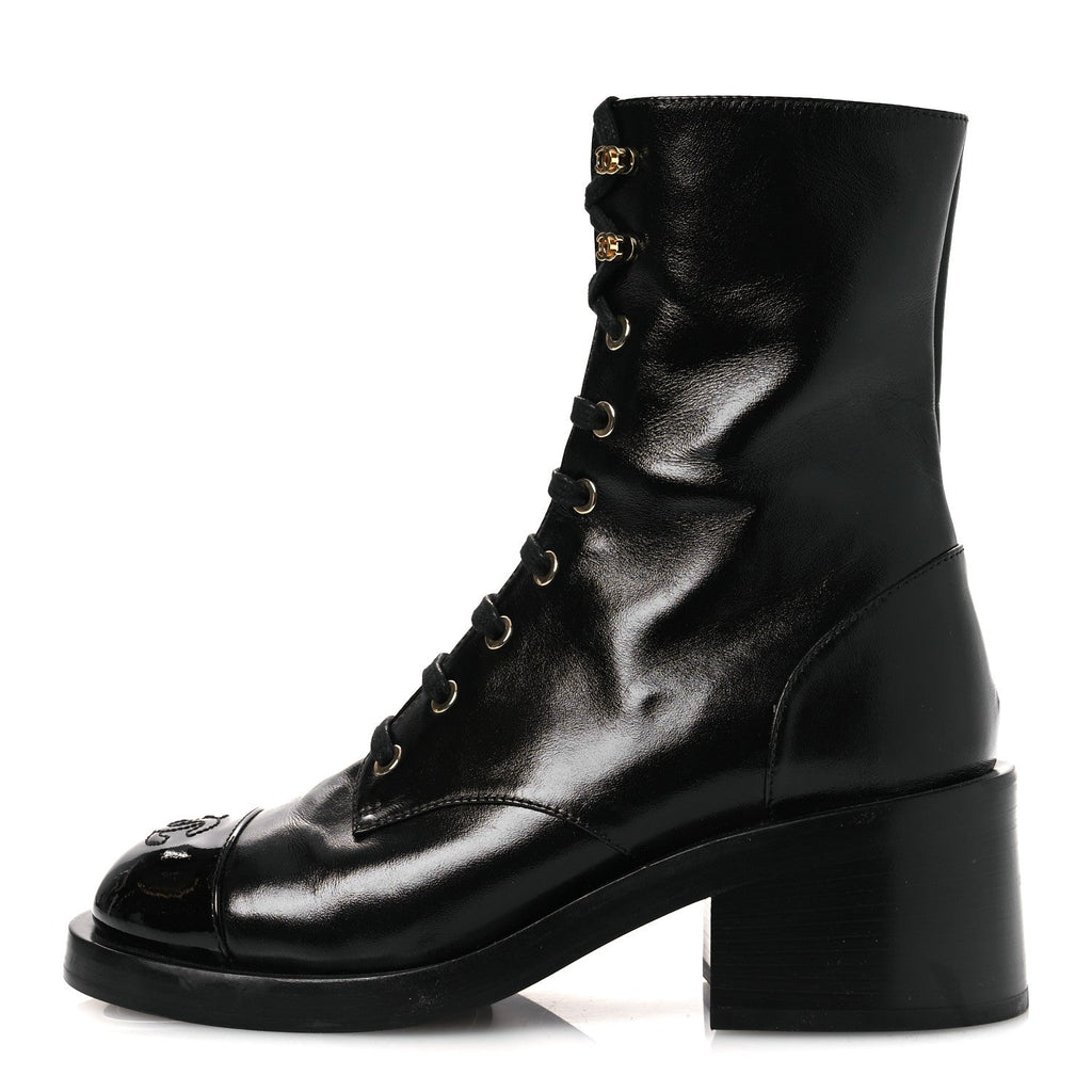 Shiny Calfskin Patent Cap Toe Lace Up Combat Boots 36.5 Black