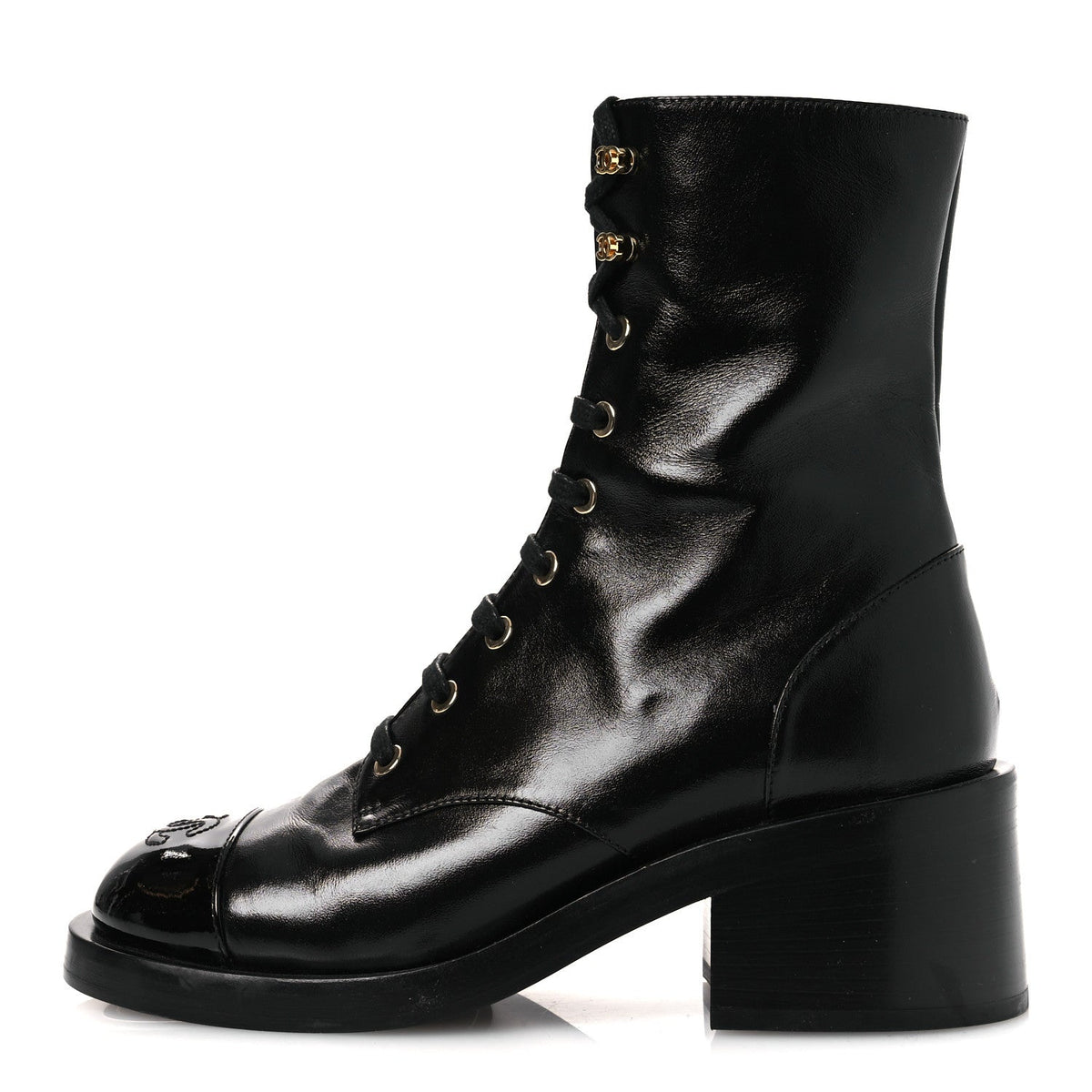 Shiny Calfskin Patent Cap Toe Lace Up Combat Boots 36.5 Black