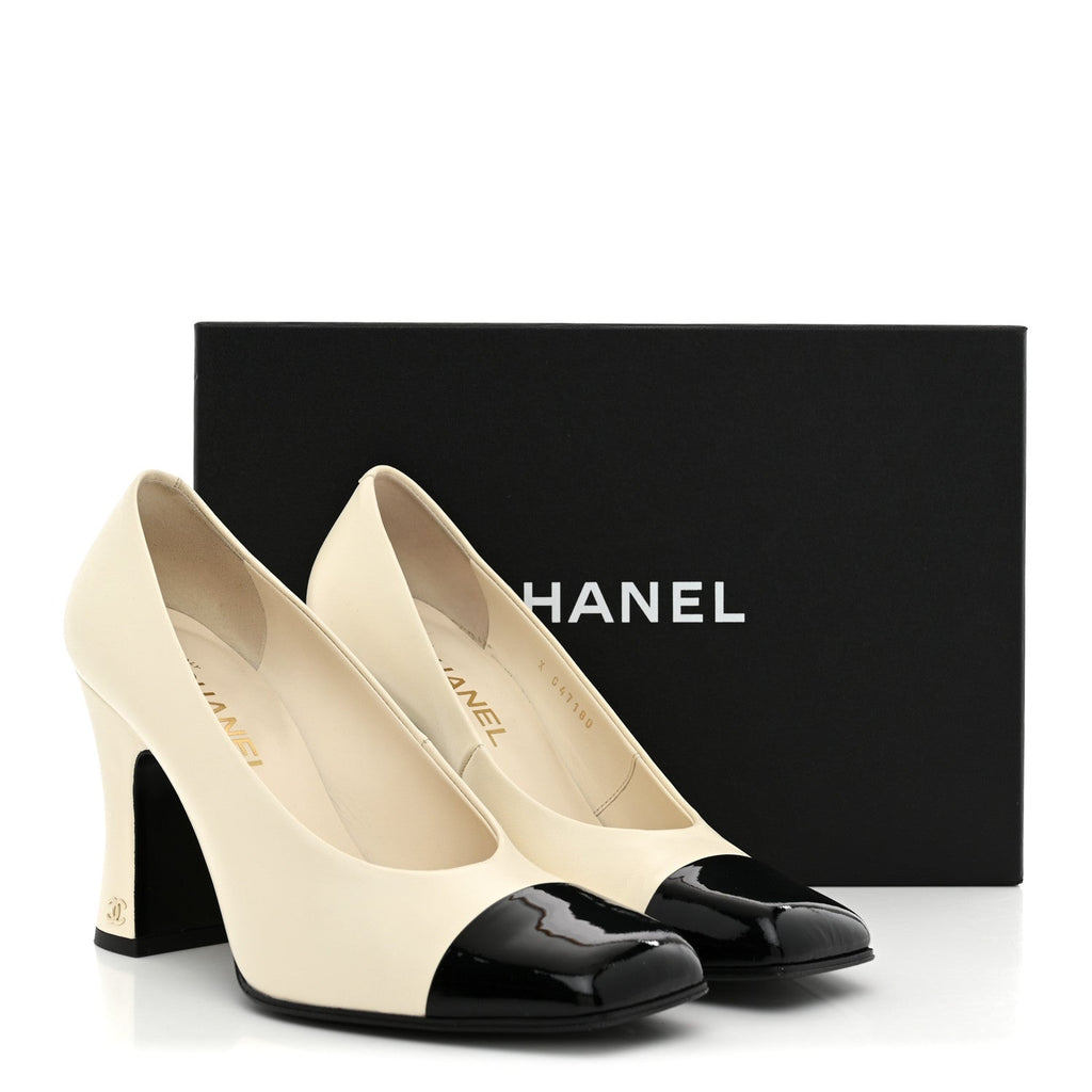 Lambskin Patent Calfskin Cap Toe Pumps 39.5 Ivory Black