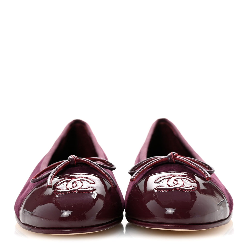 Suede Calfskin Patent Cap Toe CC Ballerina Flats 37 Burgundy
