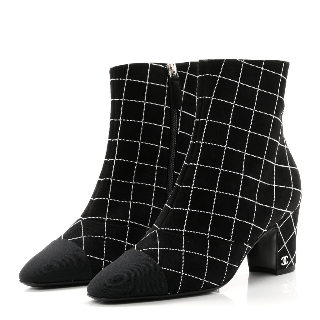 Suede Goatskin Grosgrain CC Short Boots 37.5 Black Silver