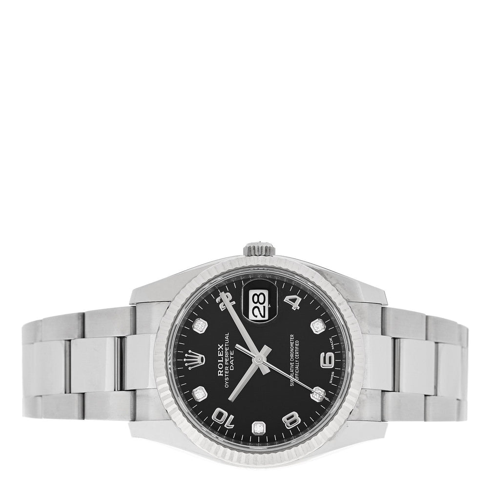 Stainless Steel 18K White Gold Diamond 34mm Oyster Perpetual Date Watch Black 115234