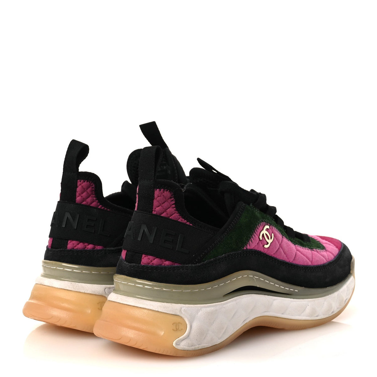 Velvet Calfskin Mixed Fibers CC Sneakers 38 Dark Pink Green