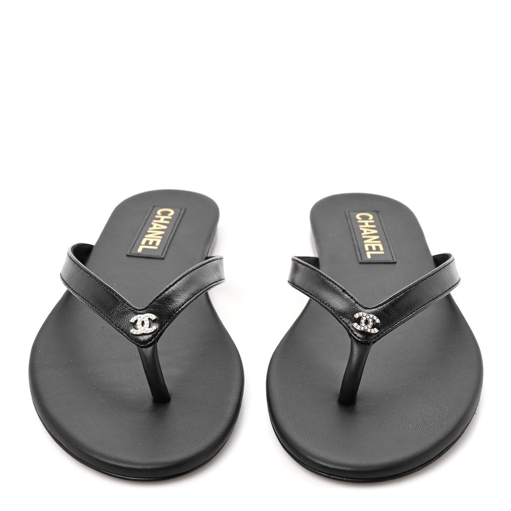 Shiny Lambskin Crystal CC Thong Sandals 39.5 Black