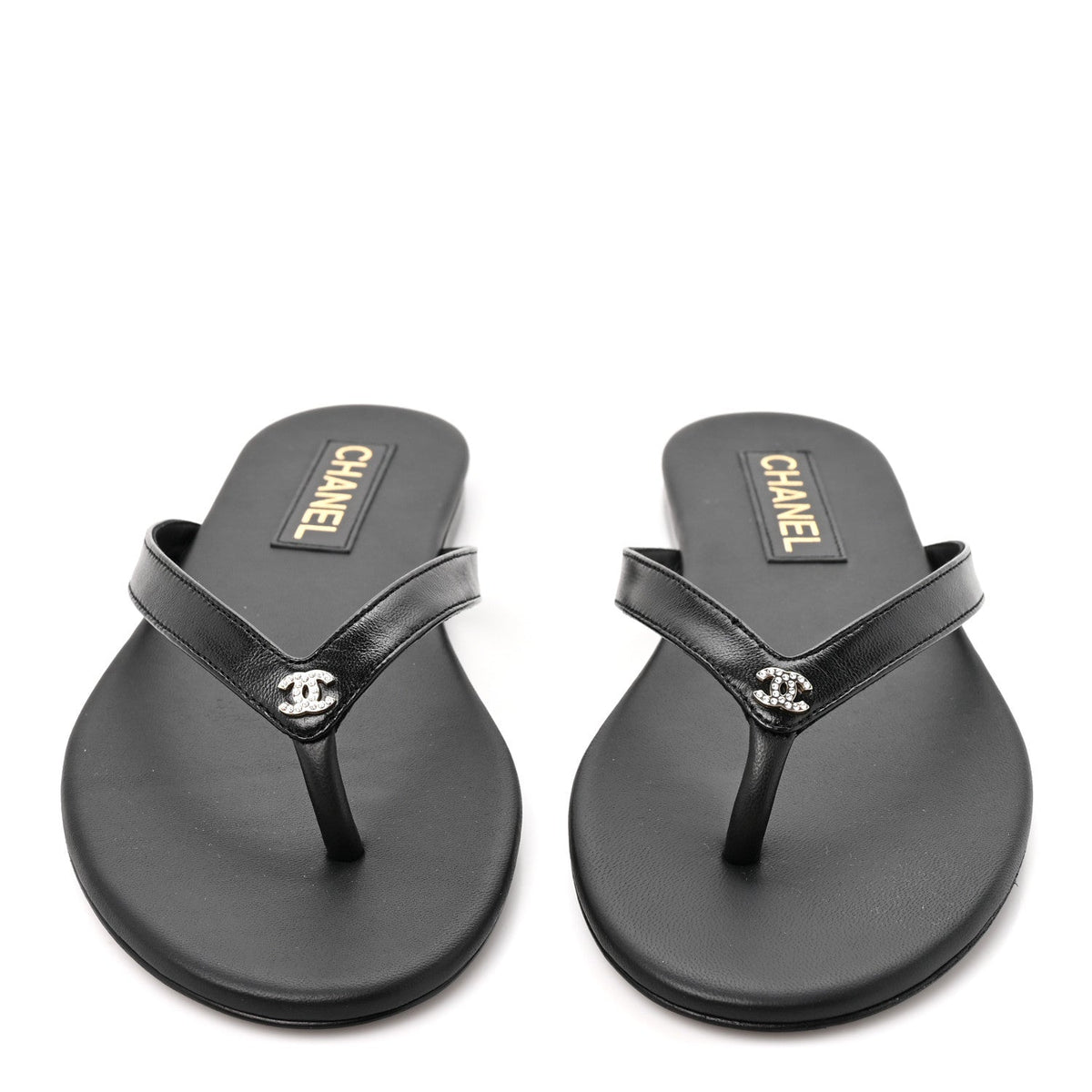 Shiny Lambskin Crystal CC Thong Sandals 39.5 Black