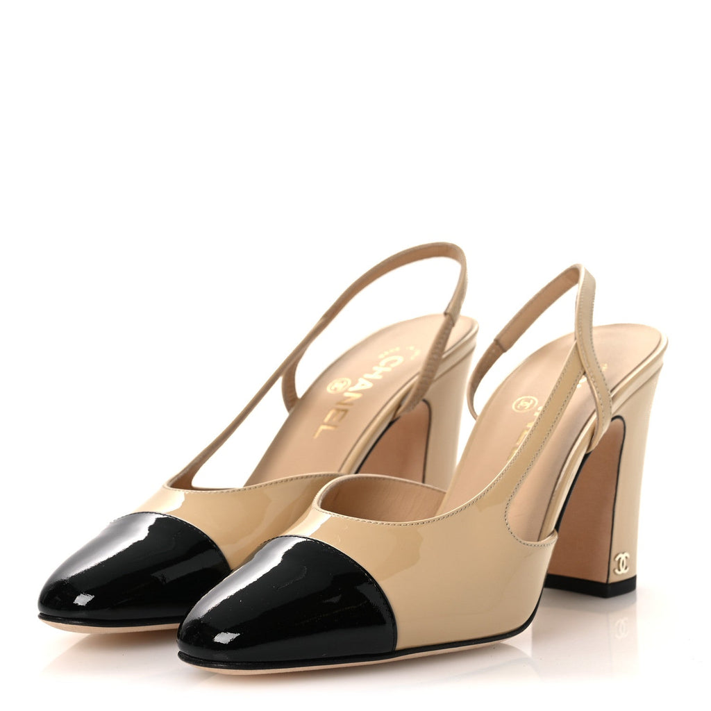 Patent Calfskin Cap Toe CC Slingback Pumps 40 Beige Black