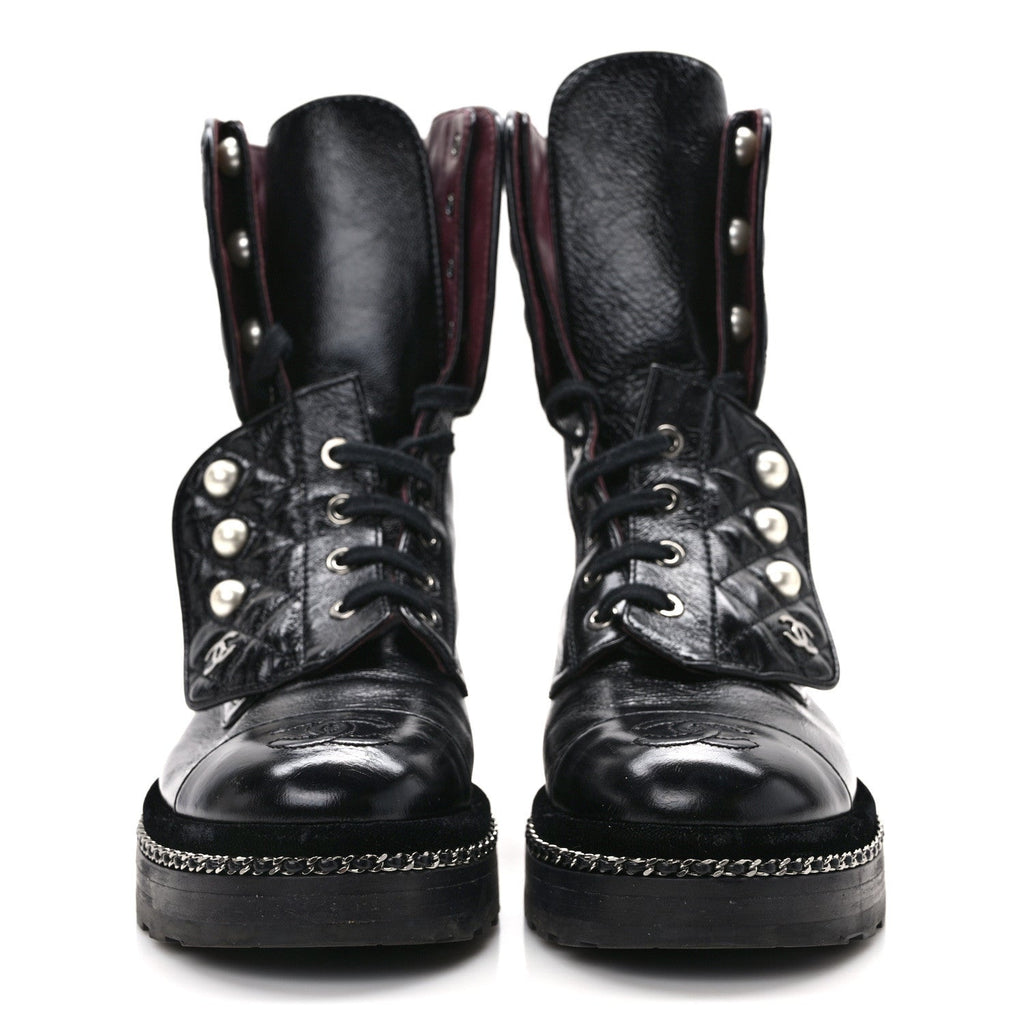 Crackled Calfskin Velvet Pearl Combat Ankle Boots 36.5 Black