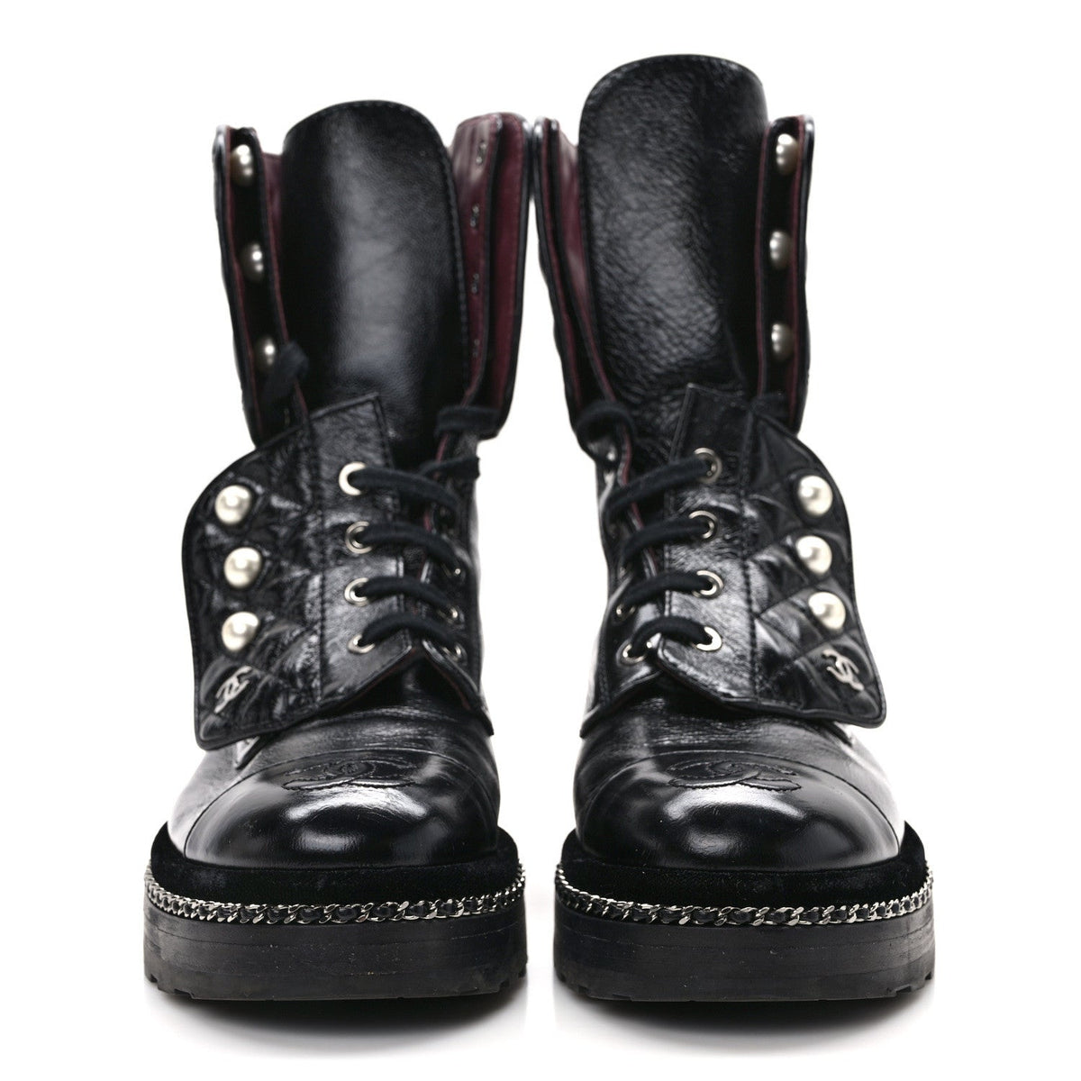 Crackled Calfskin Velvet Pearl Combat Ankle Boots 36.5 Black