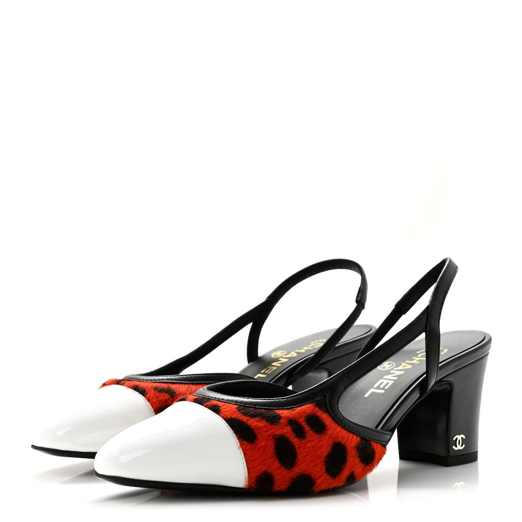 Lambskin Mixed Fibers Cap Toe CC Slingback Pumps 38 Orange Black White