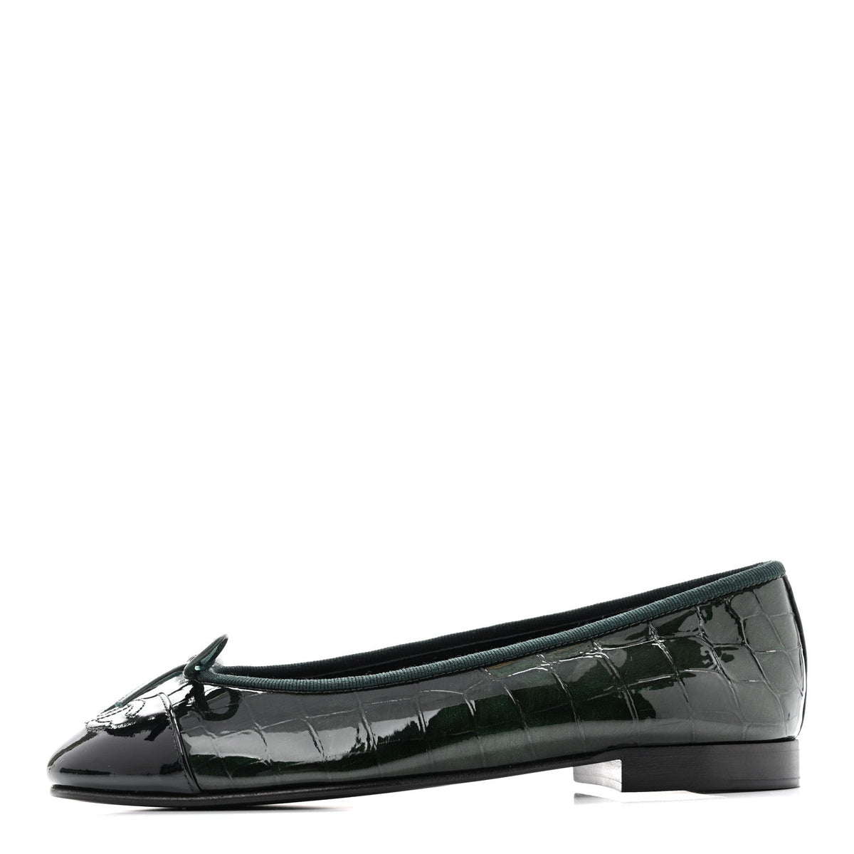 Crocodile Embossed Patent Calfskin Cap Toe CC Ballerina Flats 35.5 Dark Green Black