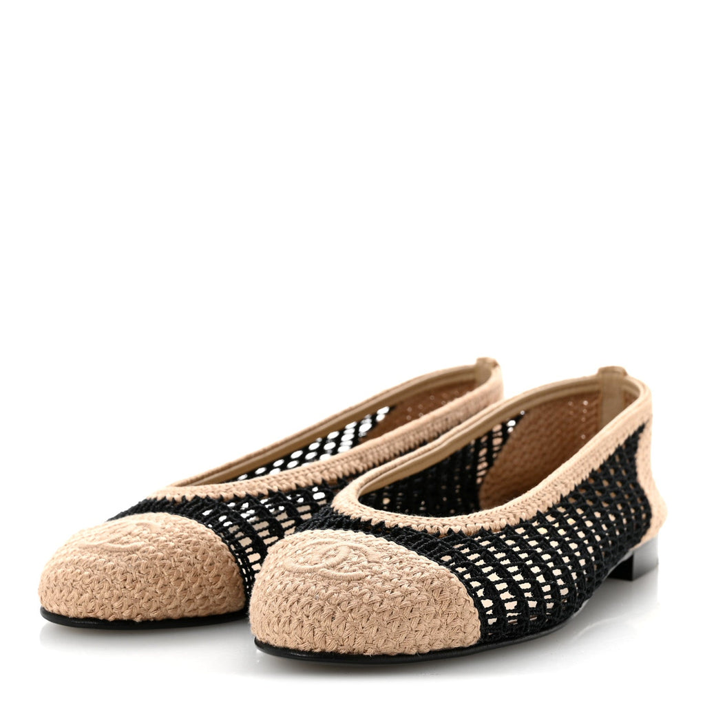 Raffia Cap Toe Ballerina Flats 38.5 Black Beige