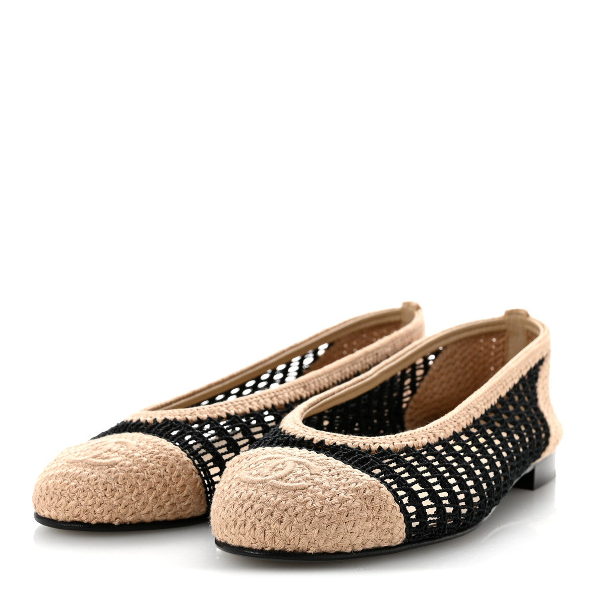 Raffia Cap Toe Ballerina Flats 38.5 Black Beige