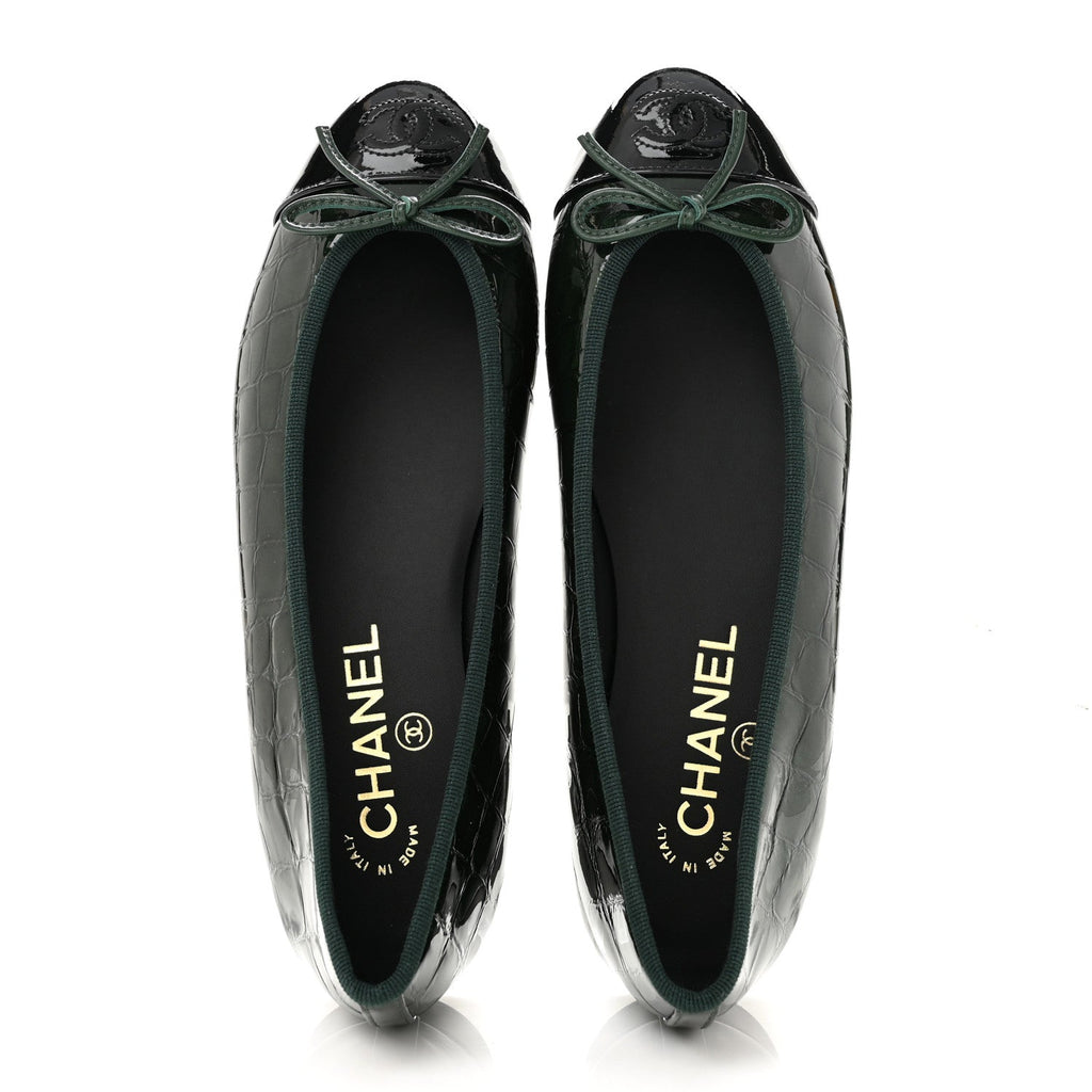 Patent Calfskin Crocodile Embossed Ballerina Flats 38 Dark Green Black