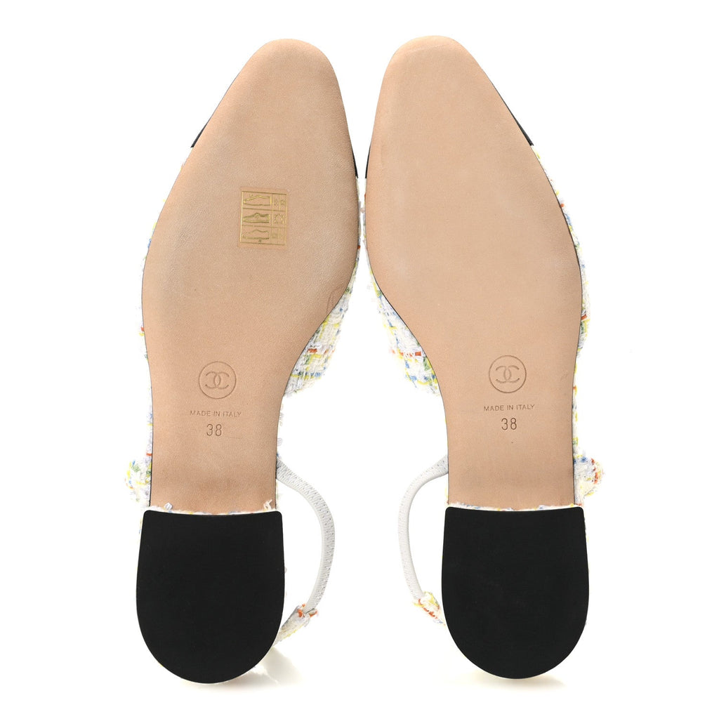 Tweed Grosgrain Cap Toe CC Slingback Flat 38 White Multicolor