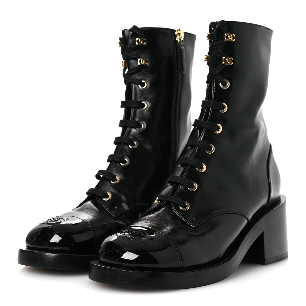 Shiny Calfskin Patent Cap Toe Lace Up Combat Boots 36.5 Black