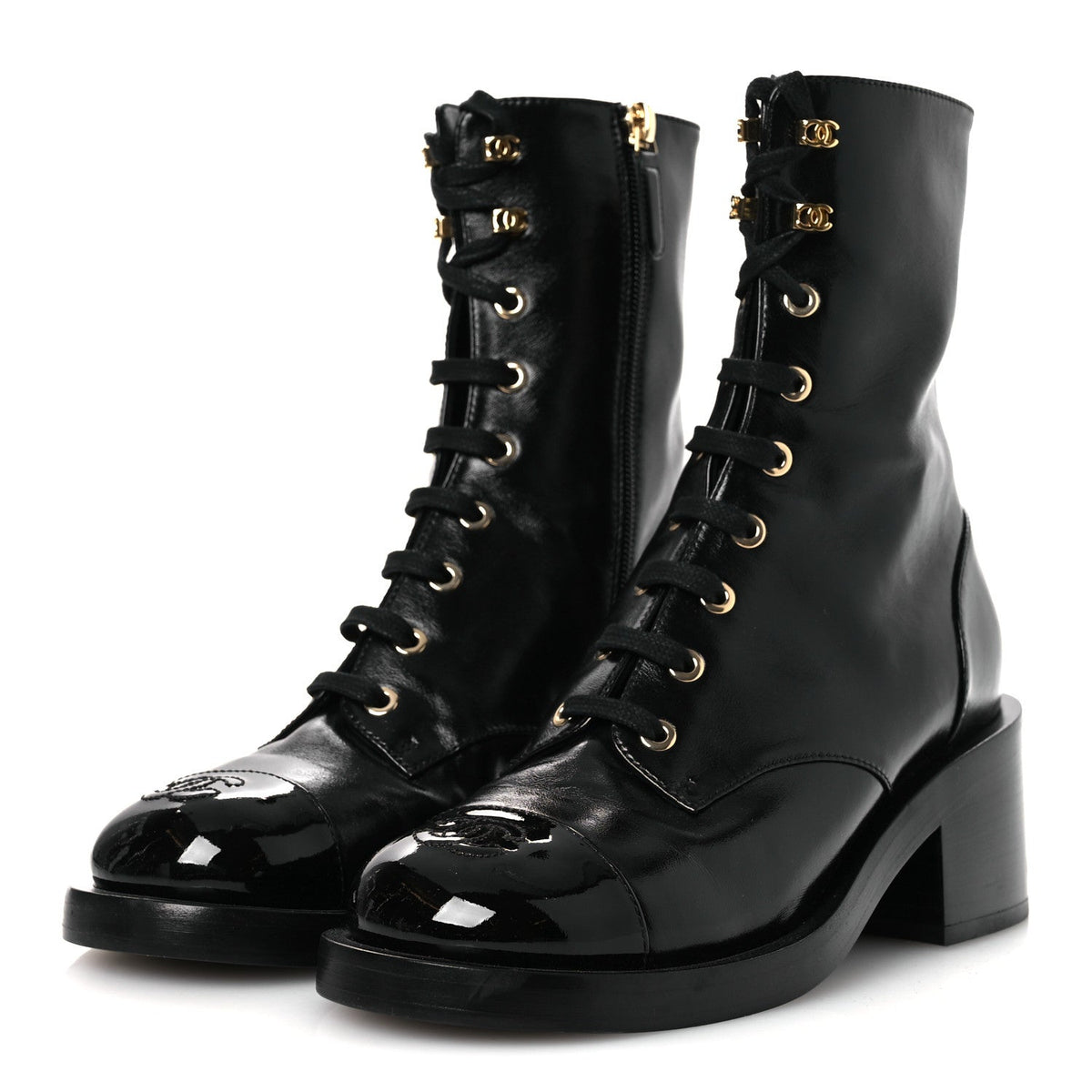 Shiny Calfskin Patent Cap Toe Lace Up Combat Boots 36.5 Black