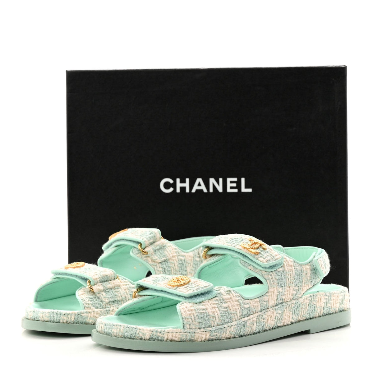 Wool Tweed Velcro Dad Sandals 37.5 Light Blue Ivory