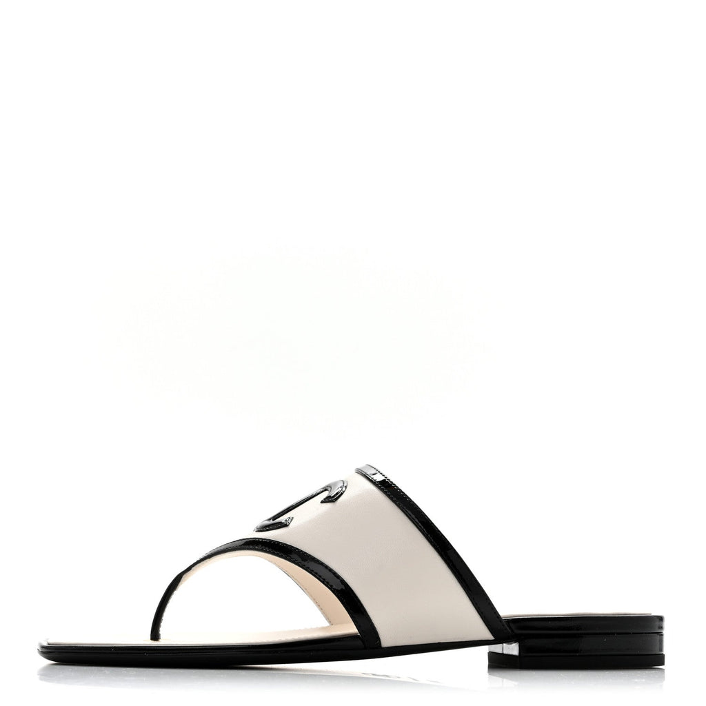 Lambskin Patent Calfskin CC Thong Sandals 38.5 White Black