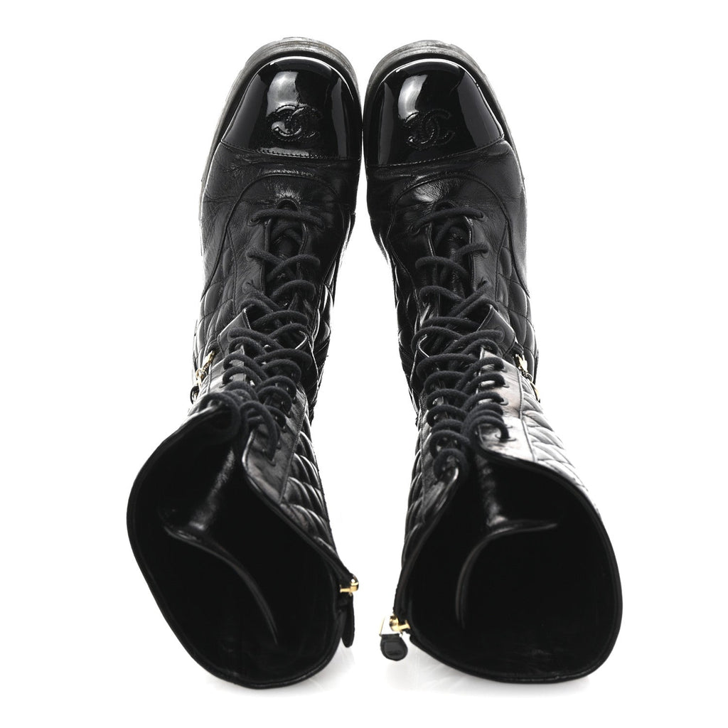 Shiny Calfskin Patent Quilted Chain Lace Up Combat Long Boots 38.5 Black