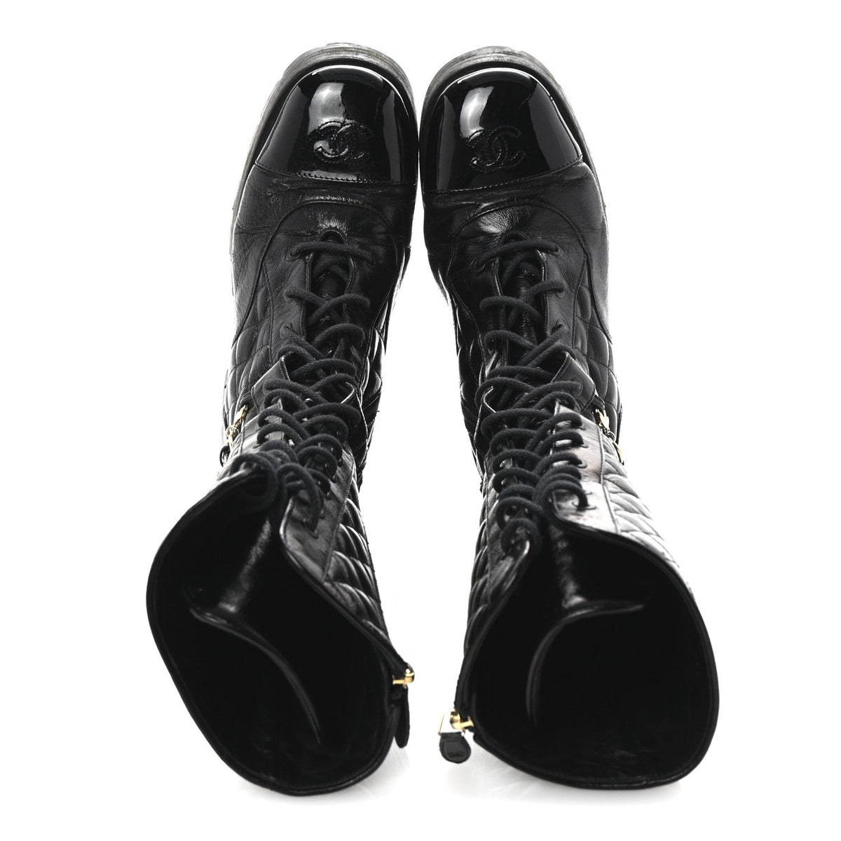 Shiny Calfskin Patent Quilted Chain Lace Up Combat Long Boots 38.5 Black