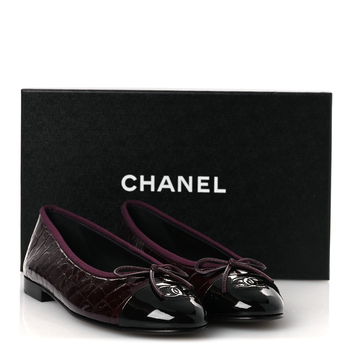 Patent Calfskin Crocodile Embossed Ballerina Flats  38 Dark Burgundy Black