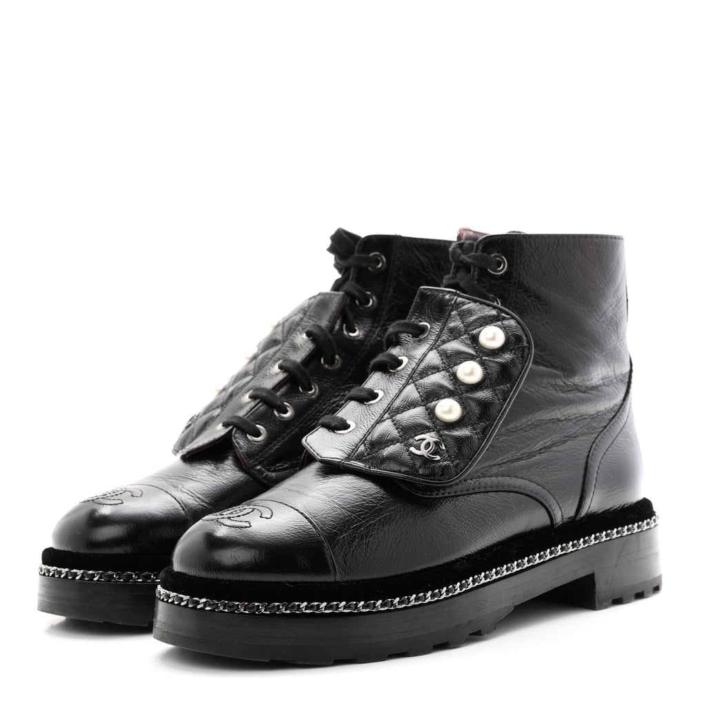Crackled Calfskin Velvet Pearl Combat Short Boots 38 Black
