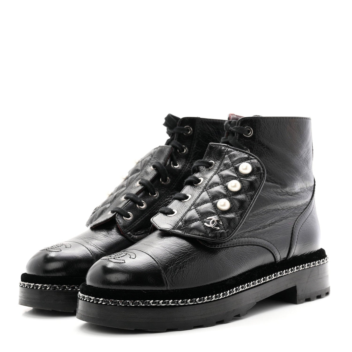 Crackled Calfskin Velvet Pearl Combat Short Boots 38 Black