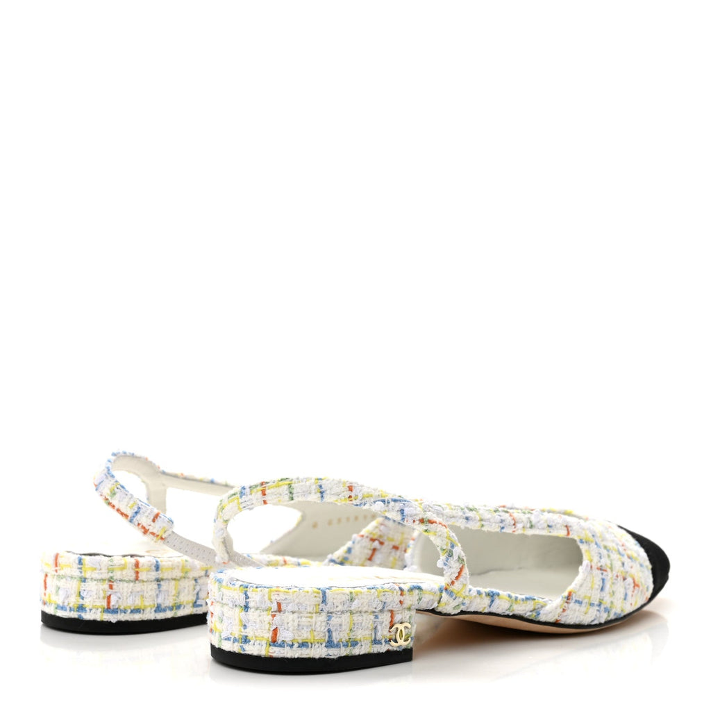 Tweed Grosgrain Cap Toe CC Slingback Flat 38 White Multicolor