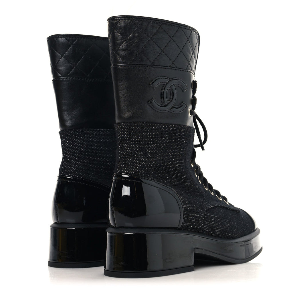 Fabric Patent Calfskin Lambskin Quilted CC Lace Up Combat Boots 36 Black