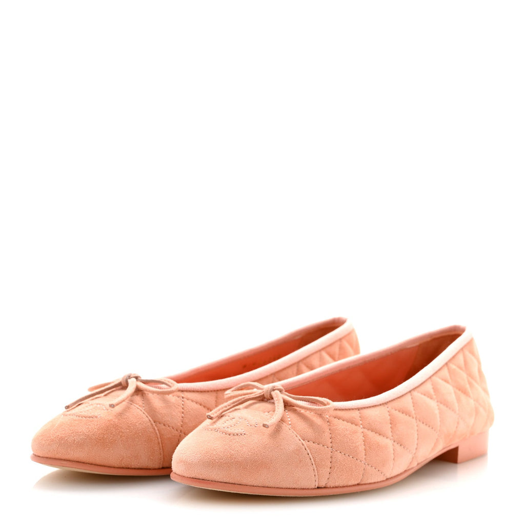 Suede Kidskin Quilted Cap Toe CC Ballerina Flats 38.5 Light Orange