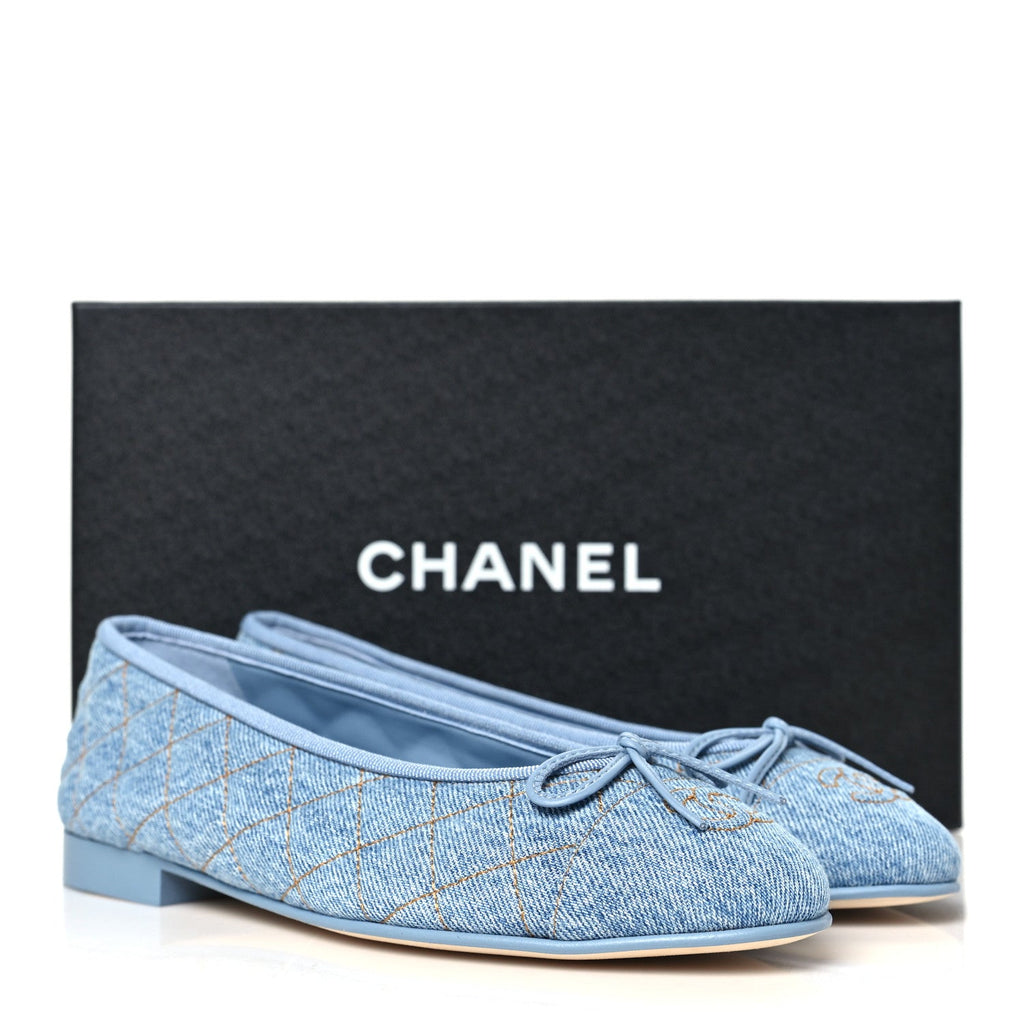 Washed Denim Quilted Cap Toe CC Ballerina Flats 37 Blue