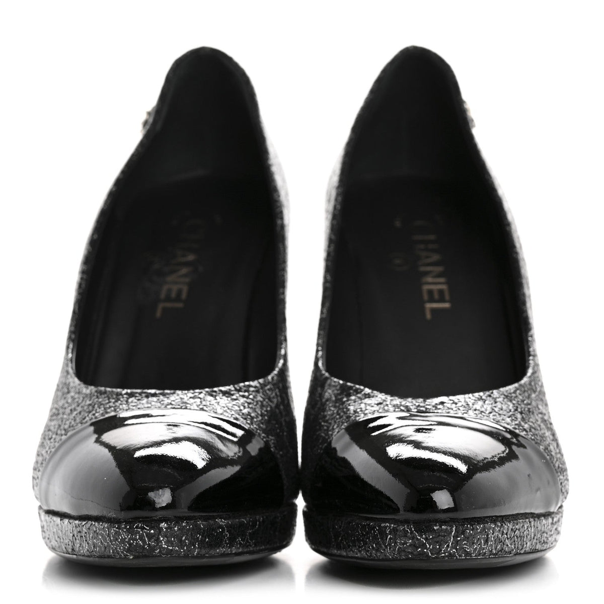 Metallic Crackled Calfskin Patent Cap Toe Pumps 41 Silver Black