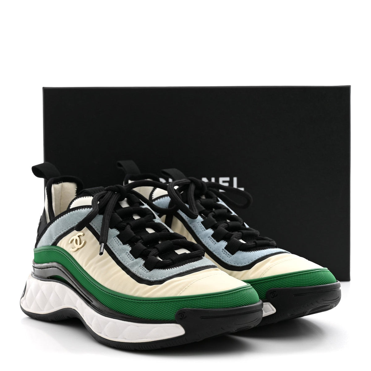 Suede Calfskin Mixed Fibers CC Sneakers 39 Ivory Green Light Blue 39 Ivory Green Light Blue