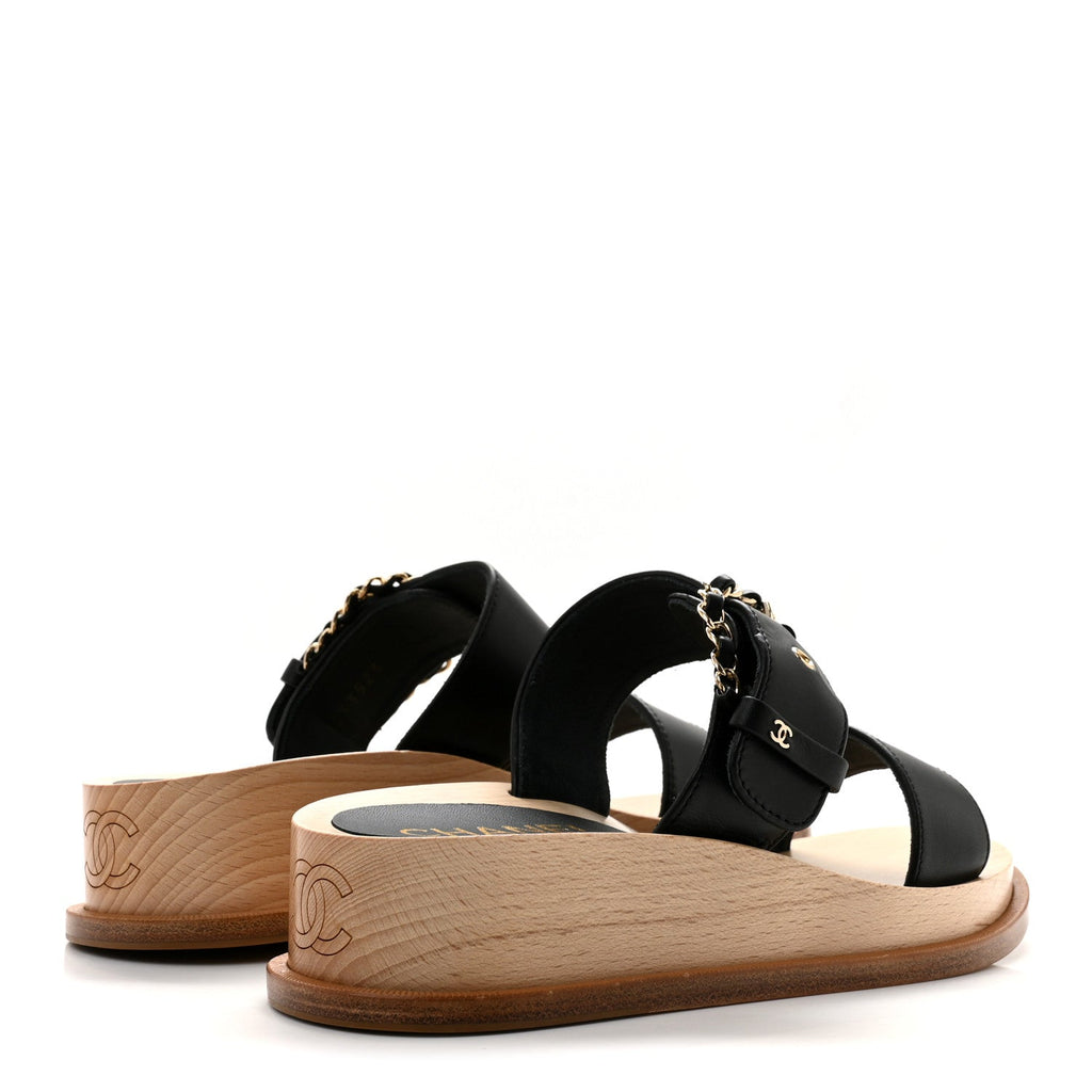 Calfskin Wood Buckle Sandals 36 Black