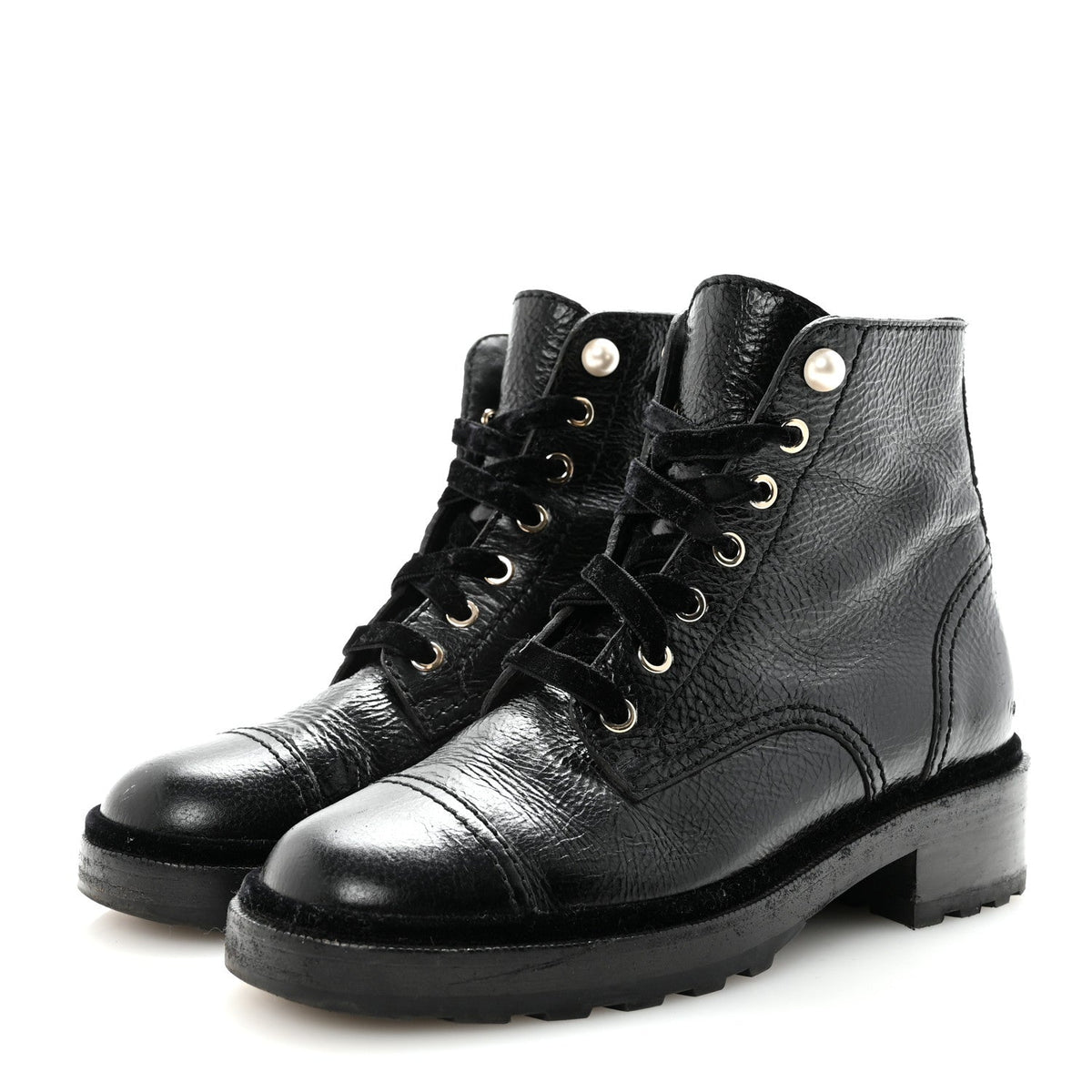 Shiny Calfskin Velvet Pearl Combat Short Boots 38.5 Black