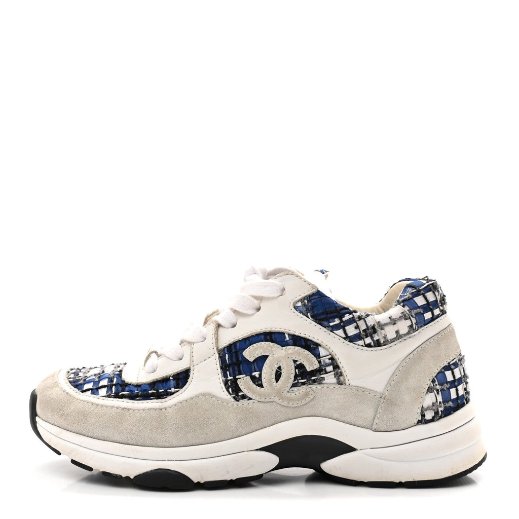 Tweed Suede Calfskin Womens CC Sneakers 37 Dark Blue Black Grey White
