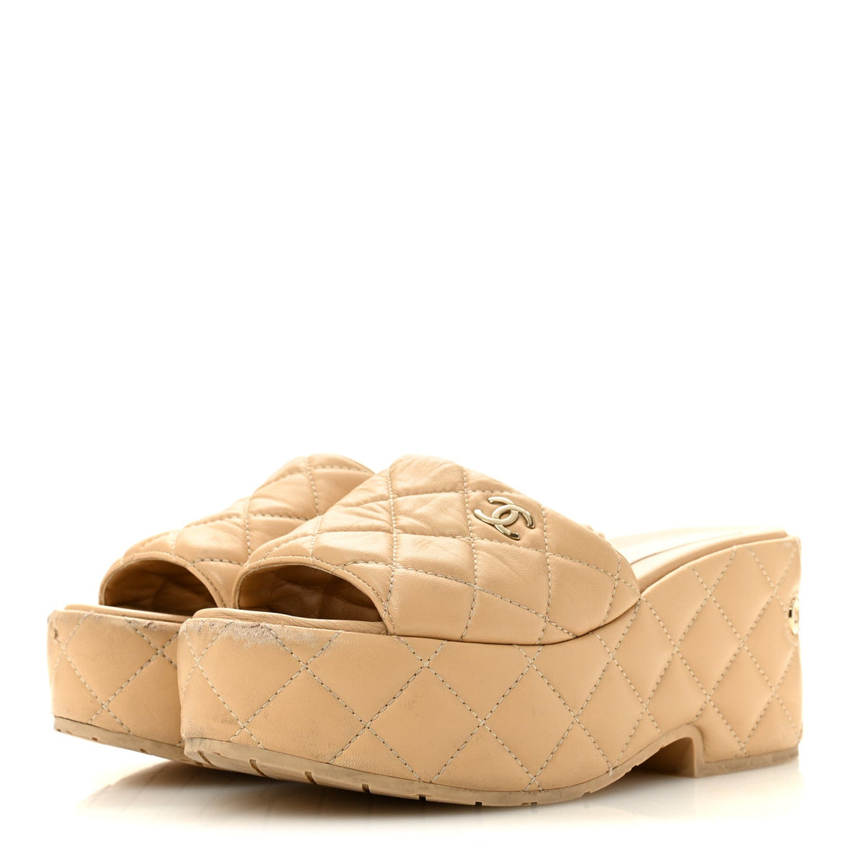 Lambskin Quilted CC Mules Wedge Sandals 36 Beige