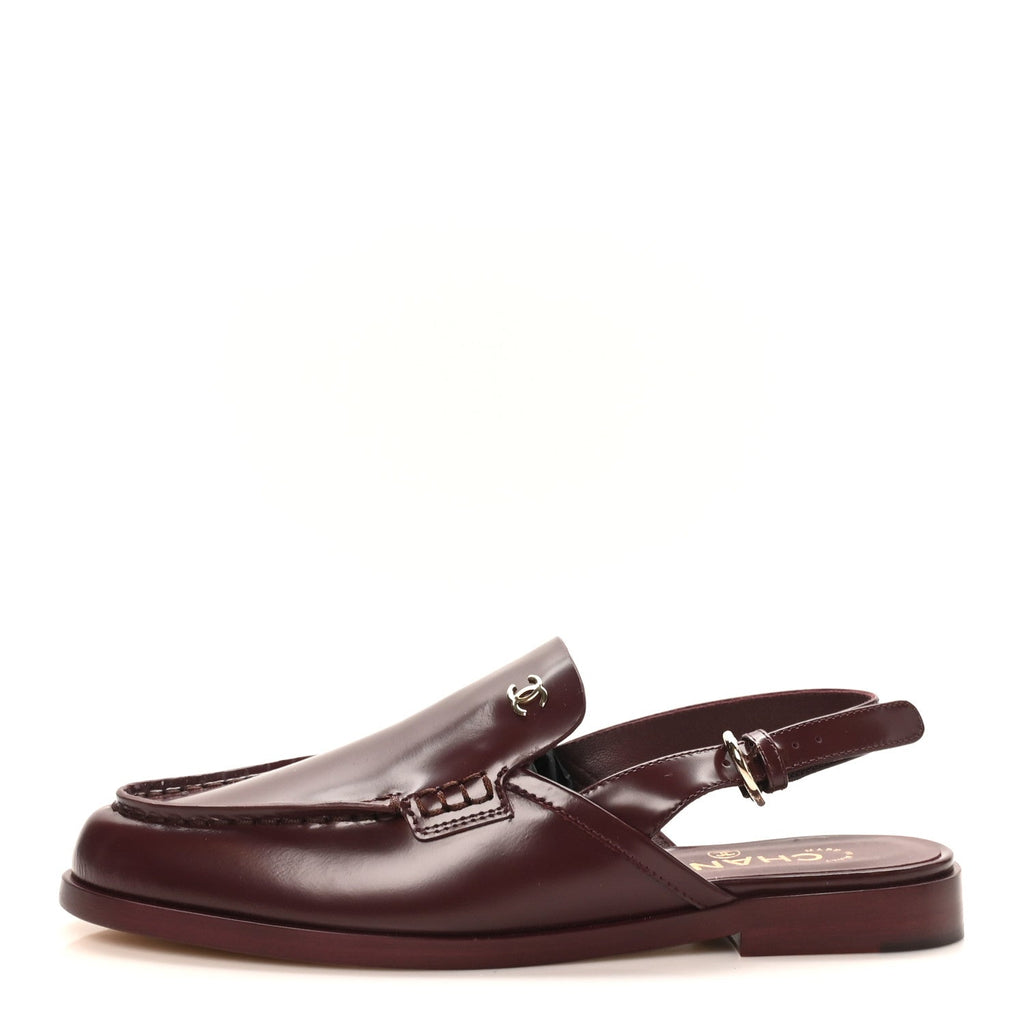 Shiny Calfskin Slingback Loafers 38 Burgundy