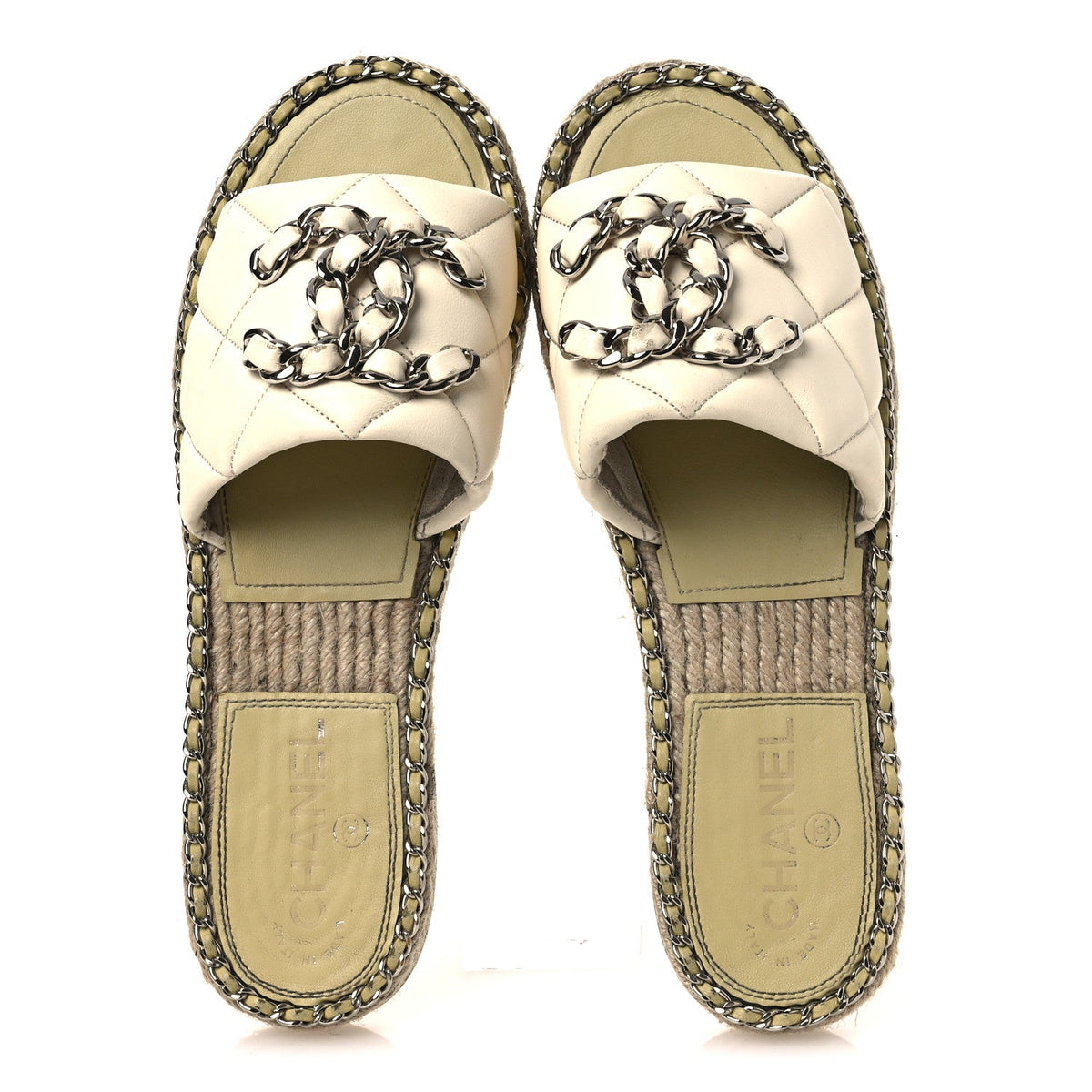 Lambskin Quilted CC Chain Espadrille Mules 38 White