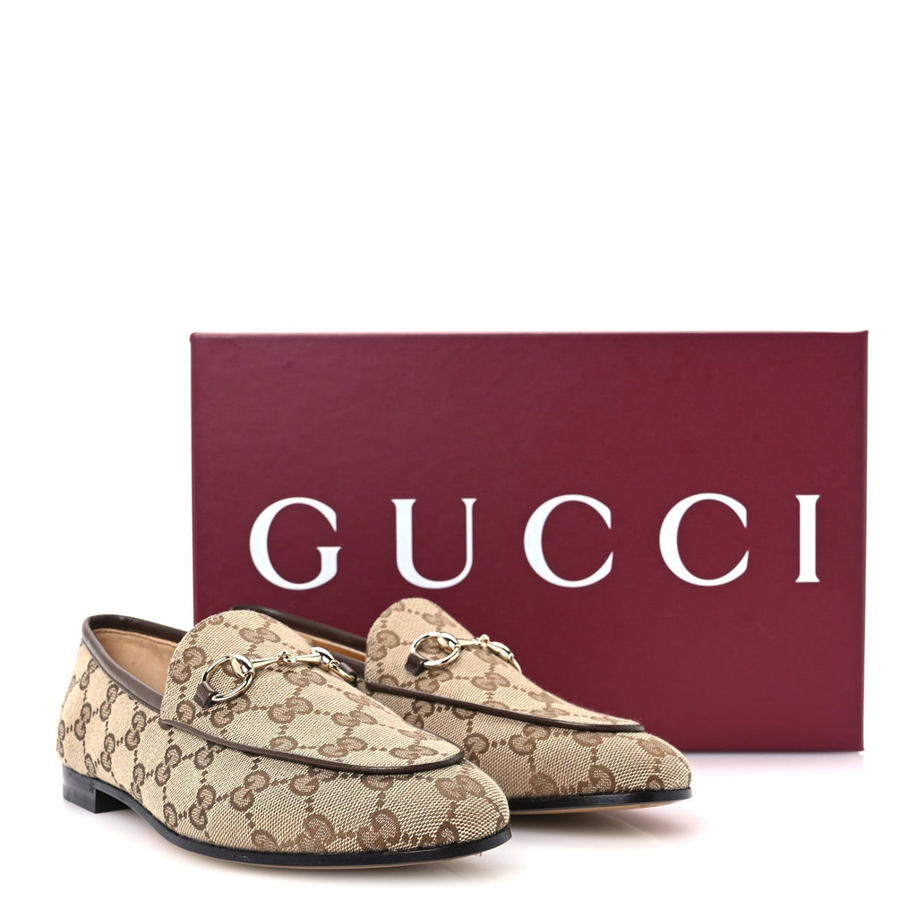 Canvas GG Monogram Horsebit Womens Jordaan Loafers 37 Beige Ebony New Acero