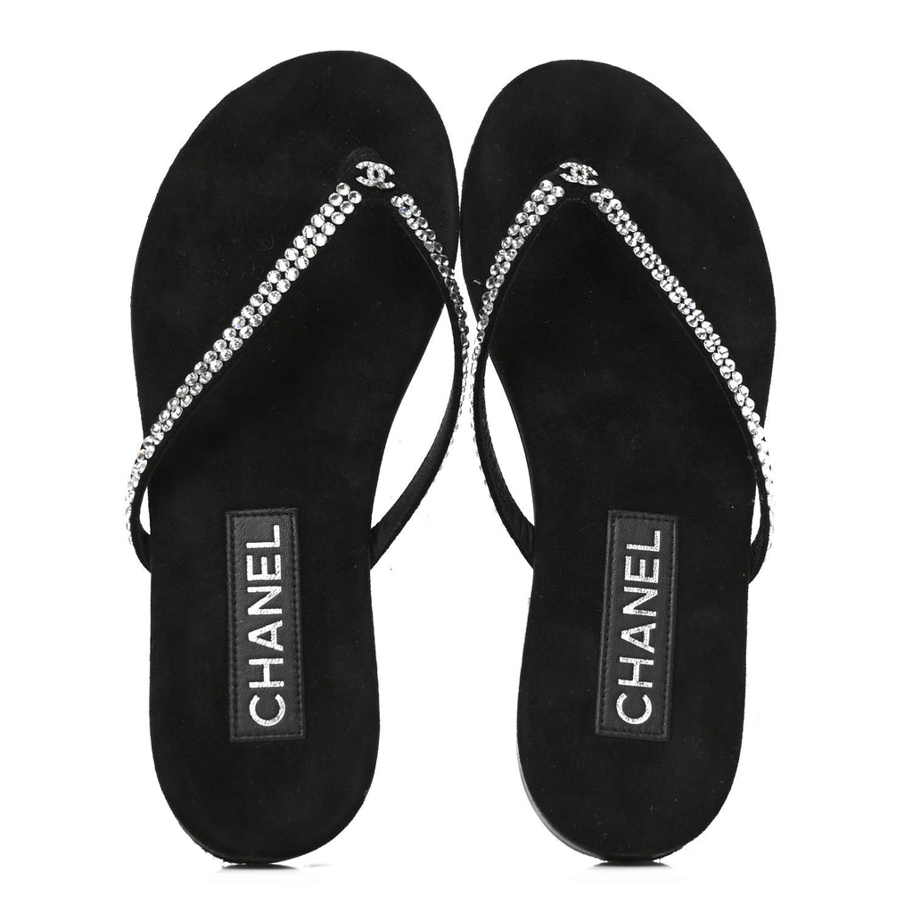 Suede Kidskin Strass CC Thong Sandals 37 Black
